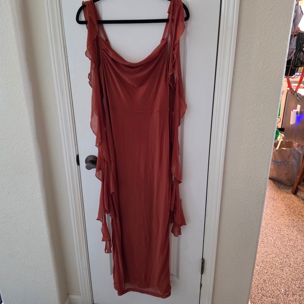 PrettyGarden Rust Orange Mesh Ruffle Maxi Dress Cowl Neck 7565 Small